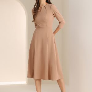 Notch Neck Pocketed 3/4 Sleeve Solid A-Line Work Dress Dark Khaki/L - Allegra K catalog