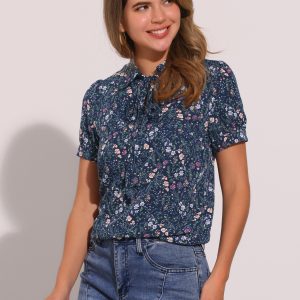 Retro Dots Bow Tie Peter Pan Collar Chiffon Blouse Dark Blue-Floral/XS - Allegra K catalog