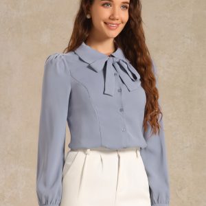 Peter Pan Collar Chiffon Bow Tie Neck Puff Sleeve Button Blouse Light Gray/S - Allegra K catalog