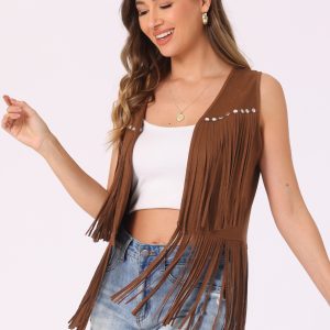 Fringe Open Front 70s Outfits Faux Suede Tassel Vest Dark Khaki/L - Allegra K catalog