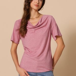 Cowl Neck Short Sleeve Casual Stretchy Blouse Red/L - Allegra K catalog