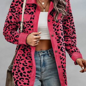 Leopard Textured Long Sleeve Collar Shacket Shirt Rose Red/XL - Allegra K catalog