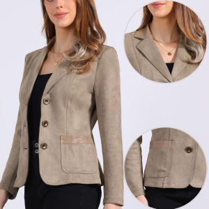 Faux Suede Lapel Collar Cowgirl 2 Button Blazer Jacket Desert Tan/M - Allegra K catalog