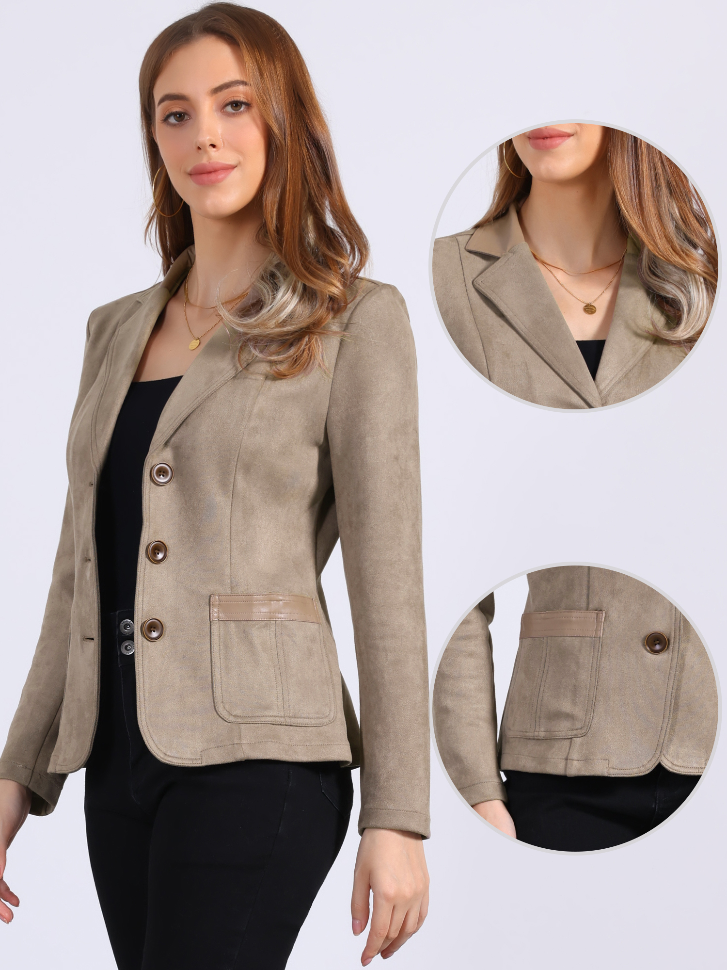 Faux Suede Lapel Collar Cowgirl 2 Button Blazer Jacket Desert Tan/M - Allegra K catalog