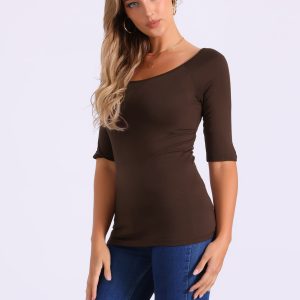 Half Sleeves Scoop Neck Fitted Layering Soft T-Shirt Coffee Brown/L - Allegra K catalog