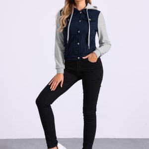 Casual Layered Drawstring Pockets Hood Denim Jacket Deep Blue/L - Allegra K catalog