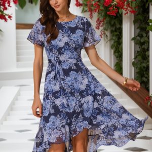 Floral Midi High Low Hem Tie Waist Flowy Chiffon Dress Navy Blue/M - Allegra K catalog
