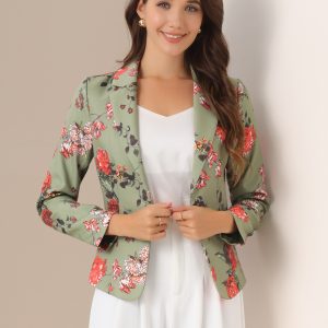 Business Casual Open Front Notch Lapel Plaid Suit Blazer Dusty Green-Floral/M - Allegra K catalog