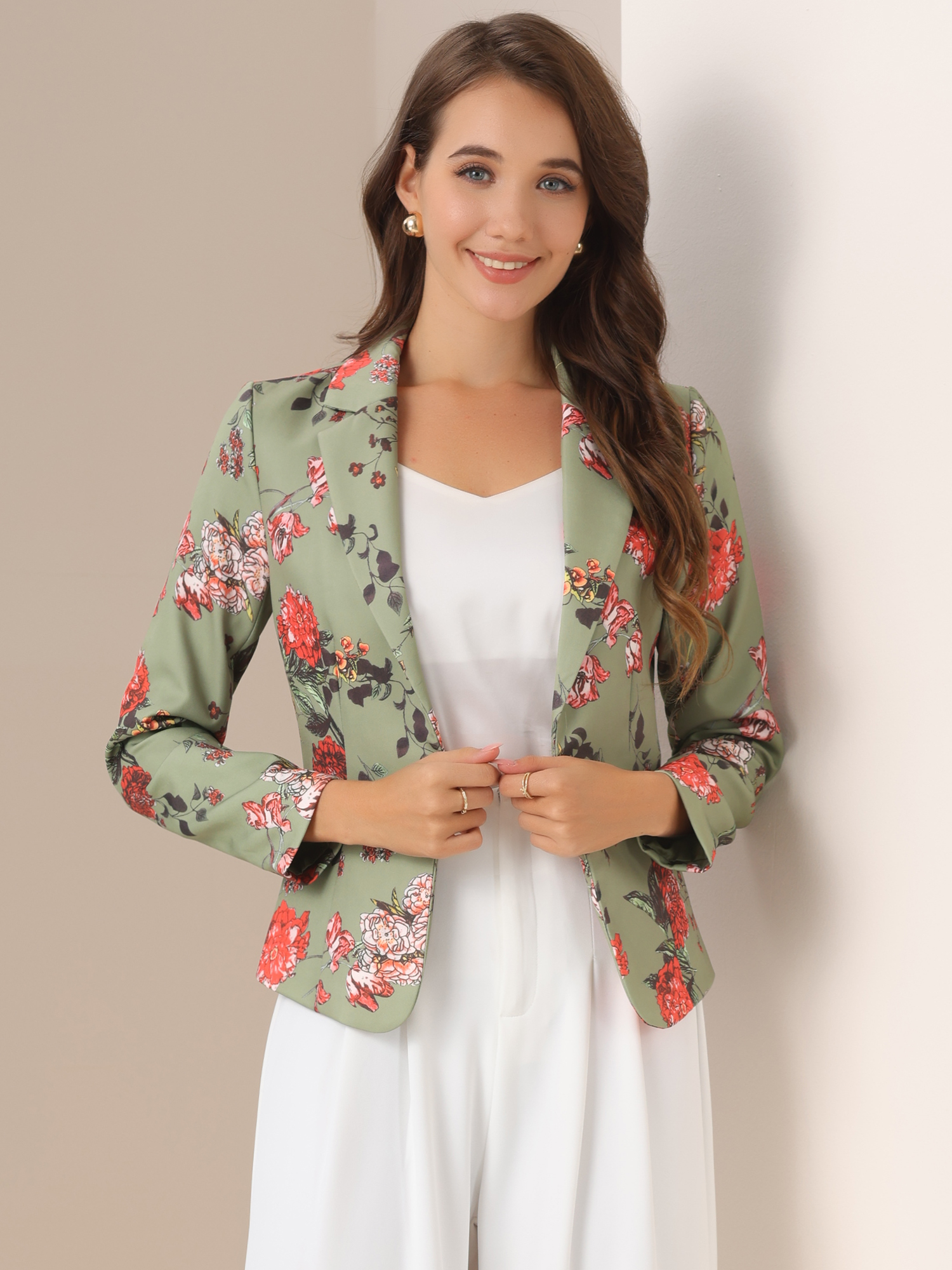 Business Casual Open Front Notch Lapel Plaid Suit Blazer Dusty Green-Floral/M - Allegra K catalog