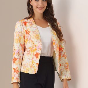 Open Front Floral Work Business Crop Blazer Jacket Beige Orange-Floral/M - Allegra K catalog