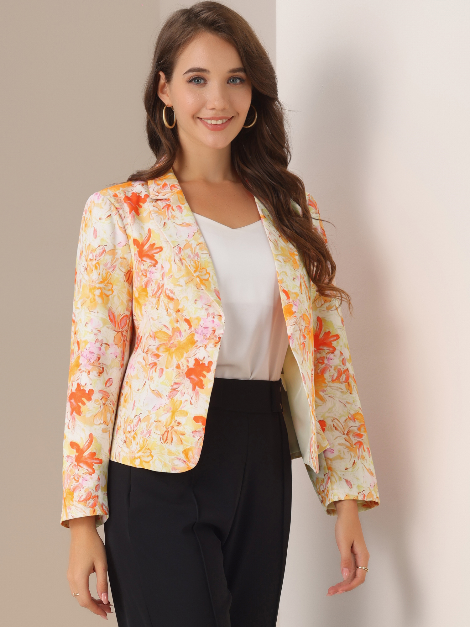 Open Front Floral Work Business Crop Blazer Jacket Beige Orange-Floral/M - Allegra K catalog