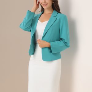 Open Front Office Work Business Crop Suit Blazer Jacket Light Lake Blue-Solid/XL - Allegra K catalog