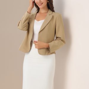 Open Front Office Work Business Crop Suit Blazer Jacket Light Khaki-Solid/L - Allegra K catalog