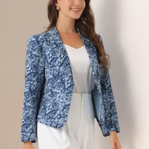 Open Front Floral Work Business Crop Blazer Jacket Blue-Floral/L - Allegra K catalog