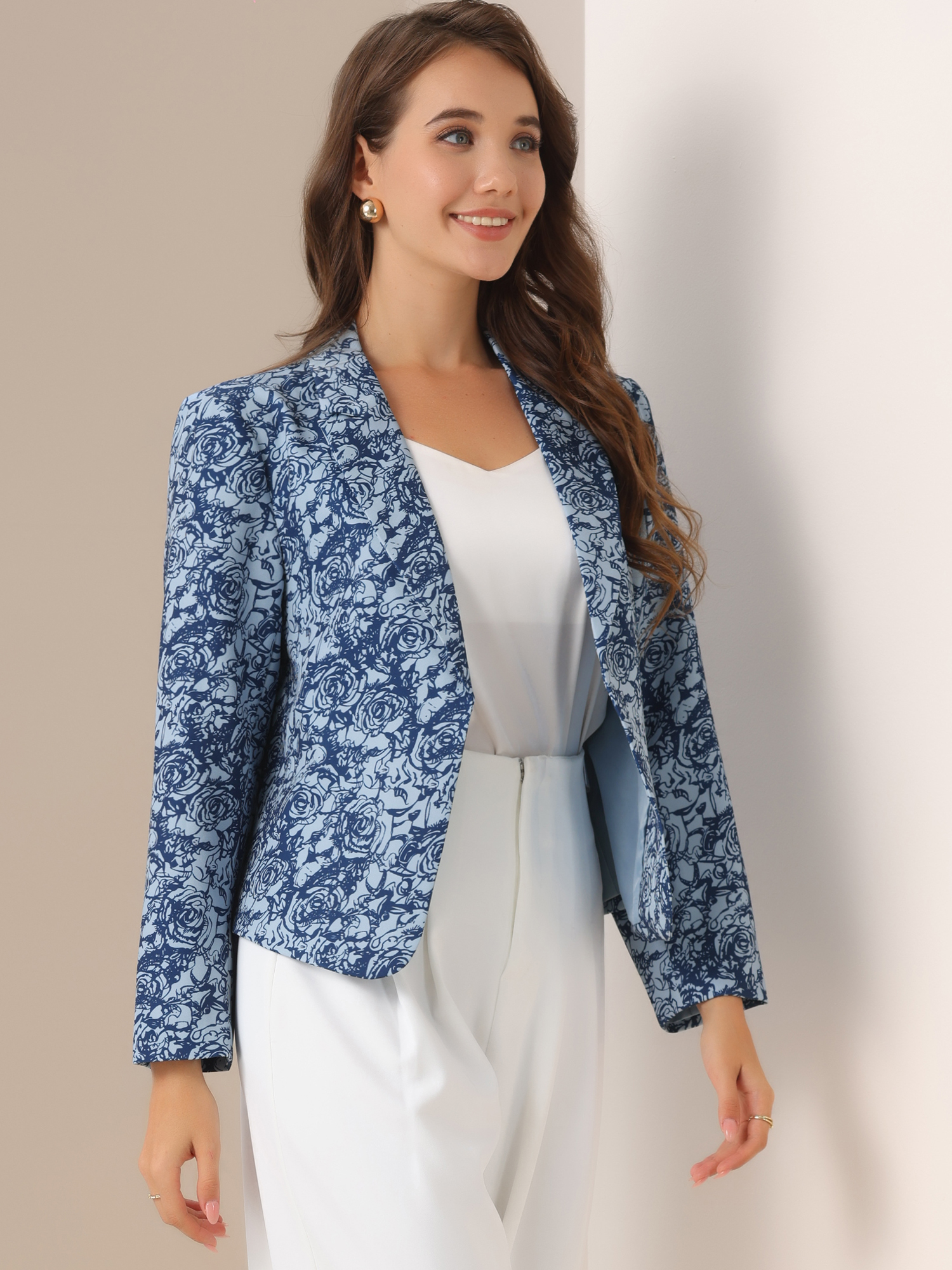 Open Front Floral Work Business Crop Blazer Jacket Blue-Floral/XL - Allegra K catalog
