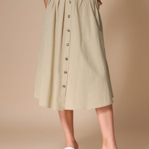 A-Line Elastic Waist Button Front Pocketed Midi Skirt Khaki/XS - Allegra K catalog