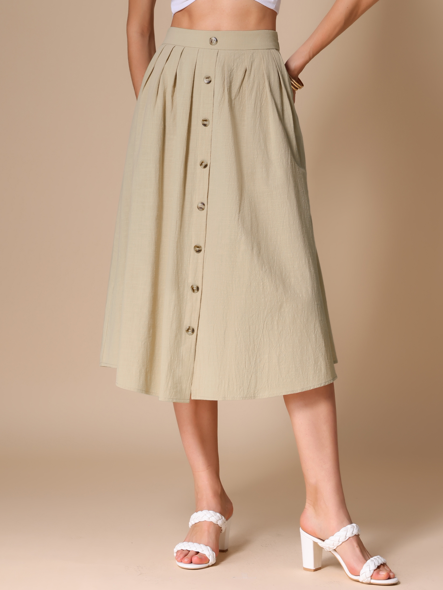 A-Line Elastic Waist Button Front Pocketed Midi Skirt Khaki/S - Allegra K catalog