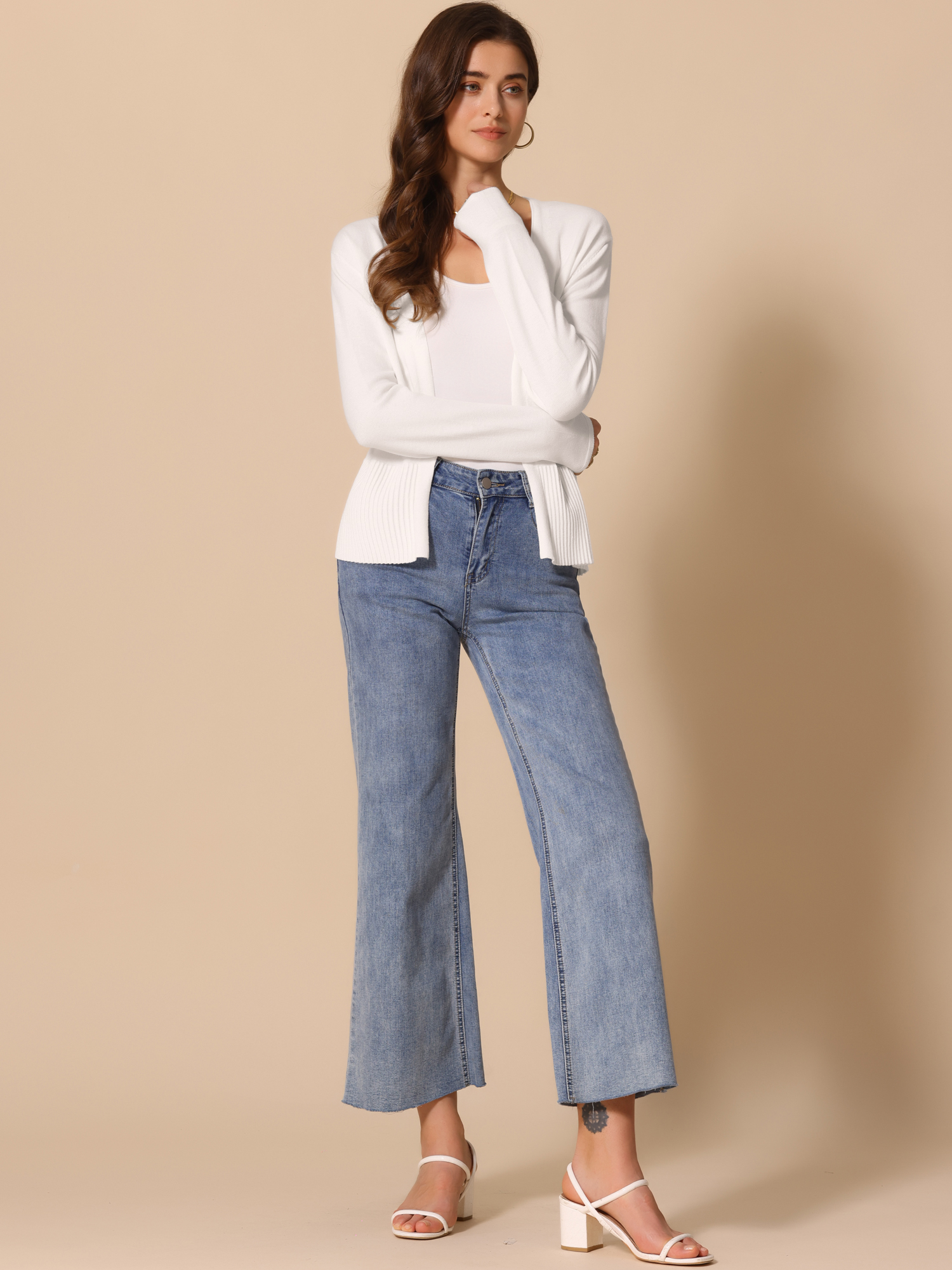Casual Open Front Long Sleeve Knitted Cardigan White/S - Allegra K catalog