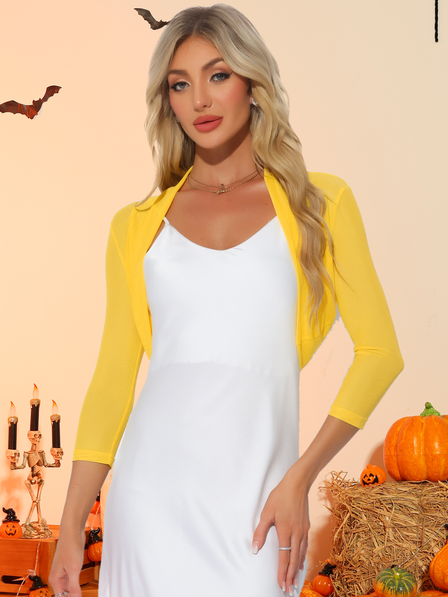 Semi Sheer Mesh Elegant 3/4 Sleeve Stretchy Cropped Bolero Shrugs Yellow/2XL - Allegra K catalog