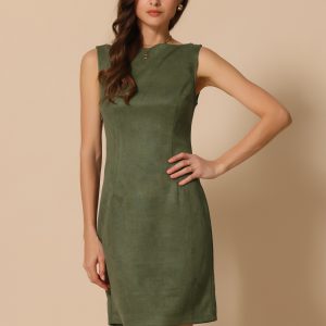 Faux Suede Boat Neck Sleeveless Sheath Midi Dress Army Green/L - Allegra K catalog