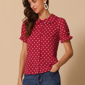 Polka Dot Short Puff Sleeve Button Up Peter Pan Collar Blouse Burgundy/S - Allegra K catalog