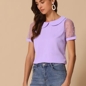 Peter Pan Collar Puff Mesh Short Sleeve Polka Dot Blouse Purple/L - Allegra K catalog