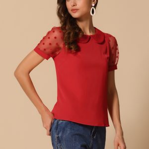 Peter Pan Collar Puff Mesh Short Sleeve Polka Dot Blouse Red/M - Allegra K catalog