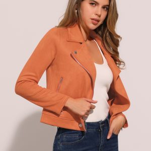 Casual Short Soft Zip Up Faux Suede Biker Moto Jacket Orange/XL - Allegra K catalog