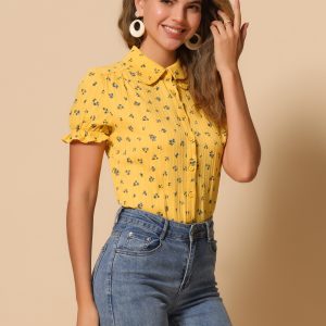 Floral Printed Peter Pan Collar Cotton Short Sleeve Shirt Yellow Purple/M - Allegra K catalog