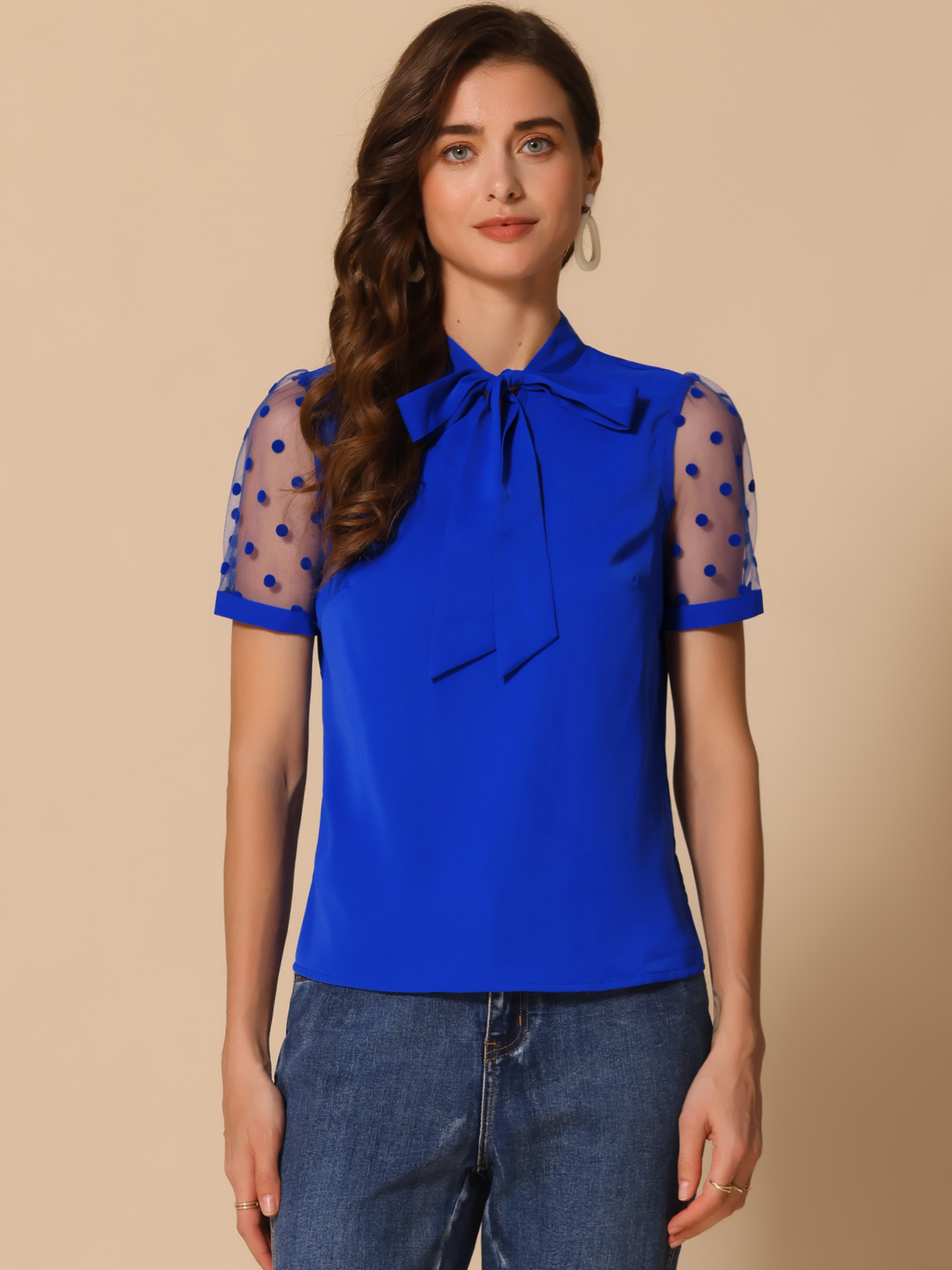 Bow Tie V Neck Stand Collar Short Mesh Sleeve Blouse Royal Blue/M - Allegra K catalog