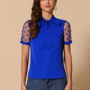 Bow Tie V Neck Stand Collar Short Mesh Sleeve Blouse Royal Blue/L - Allegra K catalog