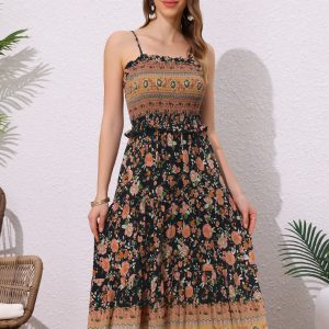 Boho Floral Summer Spaghetti Strap A-Line Flowy Smocked Midi Dress Sundress Black/XS - Allegra K catalog