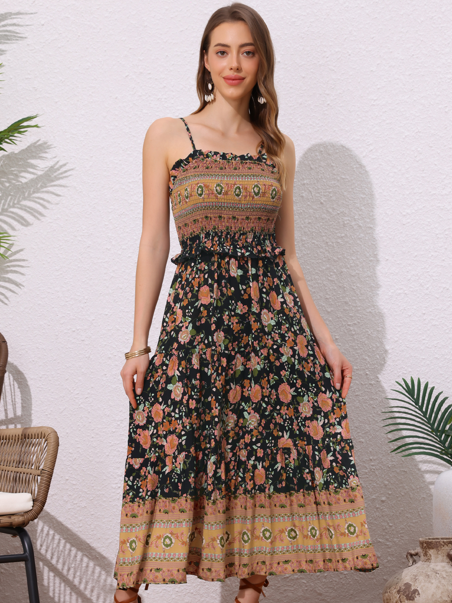 Boho Floral Summer Spaghetti Strap A-Line Flowy Smocked Midi Dress Sundress Black/XS - Allegra K catalog