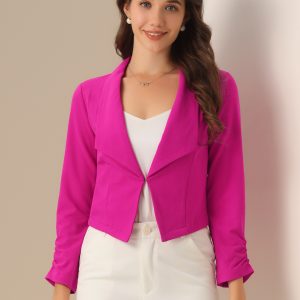 Notched Lapel Ruched Sleeve Business Cropped Jacket Blazer Hot Pink/S - Allegra K catalog