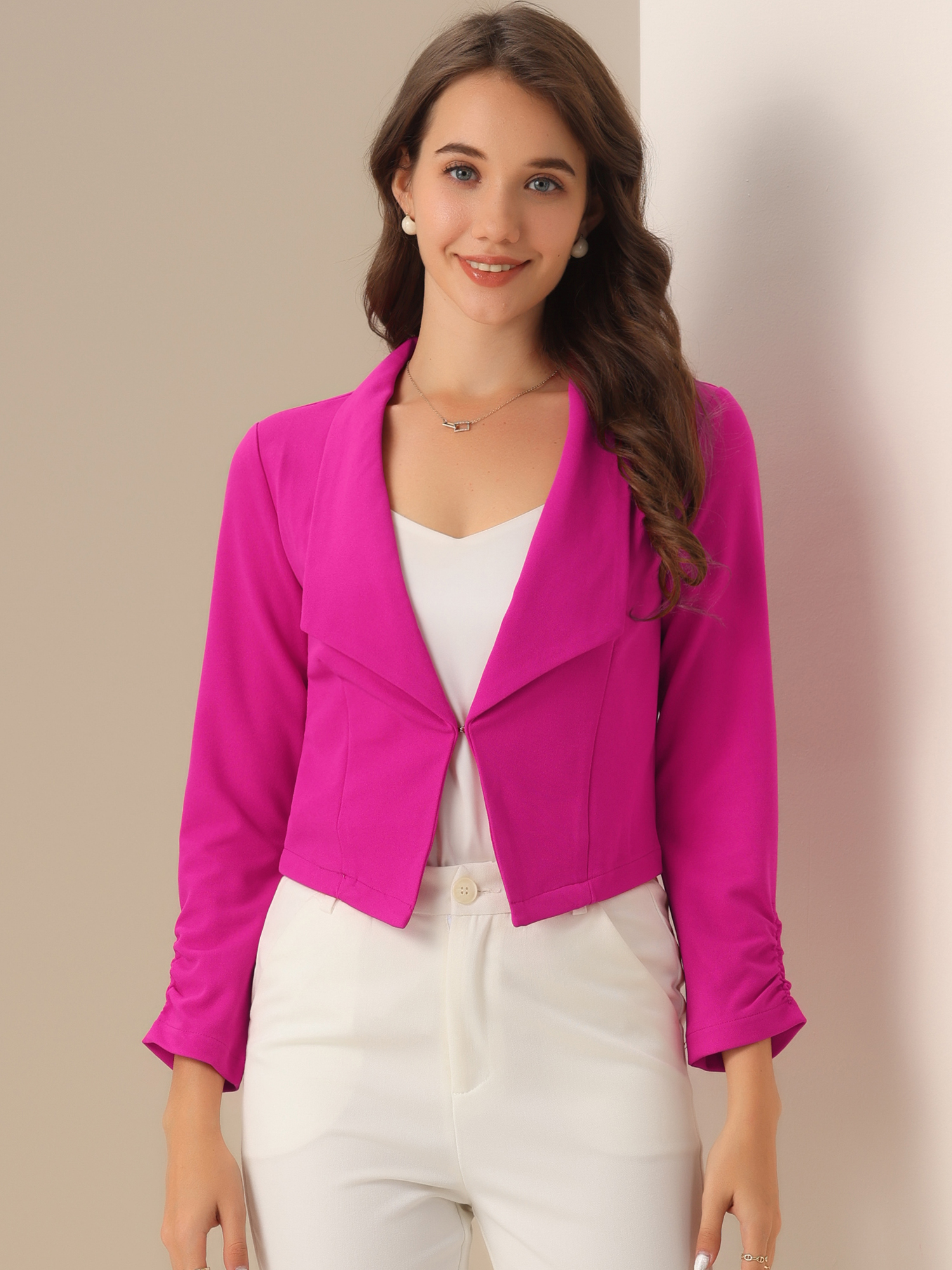 Notched Lapel Ruched Sleeve Business Cropped Jacket Blazer Hot Pink/S - Allegra K catalog