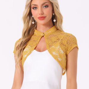 Lace Cardigan Stand Collar Short Elegant Shrug Ginger Yellow/L - Allegra K catalog