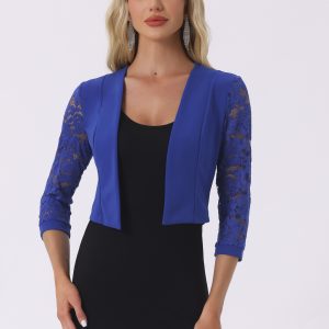 Lace Panel Open Front Long Sleeve Work Office Crop Bolero Shrug Royal Blue/XL - Allegra K catalog