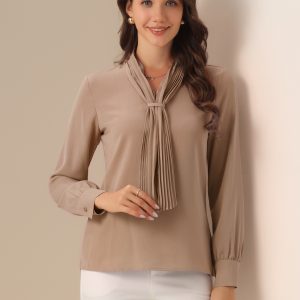 Long Sleeve Chiffon Pleated Tie Neck Office Blouse Khaki/M - Allegra K catalog