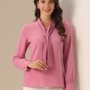 Long Sleeve Chiffon Pleated Tie Neck Office Blouse Dusty Pink/XS - Allegra K catalog