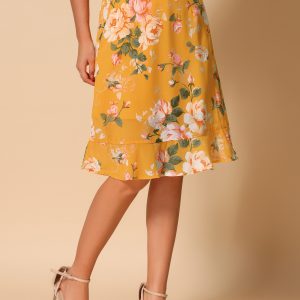 Floral Ruffle Elastic High Waist Button Flowy Split Midi Skirt Yellow/XS - Allegra K catalog