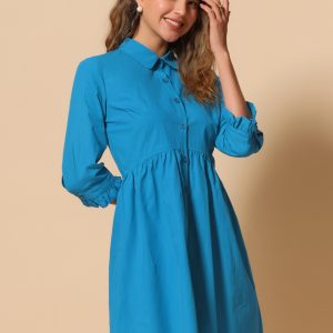 Ruched 3/4 Sleeve Button Up Casual Mini Shirt Dress Lake Blue/XL - Allegra K catalog