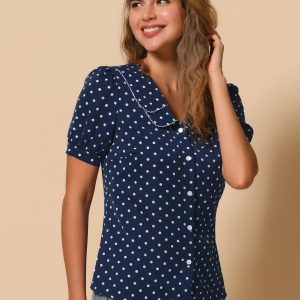 Polka Dot Peter Pan Collar Rockabilly Puff Short Sleeve Shirt Dark Blue/S - Allegra K catalog