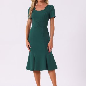 Vintage Work Cocktail Mermaid Sheath Fishtail Bodycon Midi Dress Dark Green/M - Allegra K catalog