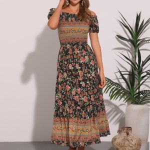 Boho Floral Off Shoulder Puff Sleeves Maxi Smocked Dress Black/XL - Allegra K catalog