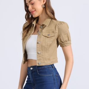 Casual Button-Down Puff Long Sleeve Crop Denim Jacket Khaki/L - Allegra K catalog