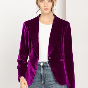Solid Shawl Collar Single Button Velvet Blazer Violet Purple/XL - Allegra K catalog