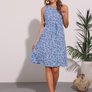 Floral Drawstring Waist Sleeveless A-Line Midi Dress Sundress Blue Red/L - Allegra K catalog
