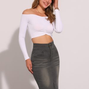 Denim Pencil Button High Waist Split Hem Casual Midi Jean Skirts Dark Grey/XL - Allegra K catalog