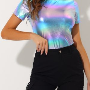 Glitter Metallic Short Sleeve Shiny Multicolor Blouse Shiny Blue/S - Allegra K catalog