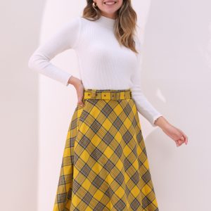 Christmas Tartan Plaid High Waist Belted Vintage A-Line Midi Skirt Dark Yellow/M - Allegra K catalog